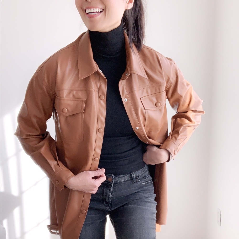 Faux Leather Belted Shirt Jacket in Cognac - Picture 3 of 7